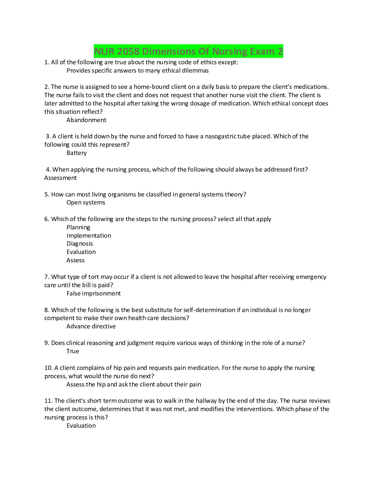 Preview image for NUR 2058 Dimensions Of Nursing Exam 2